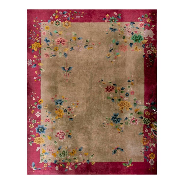 1920s Tan Ecru Floral Antique Chinese Art Deco Rug 8'8' 'X 11'6'' Knotted Wool Carpet For Sale