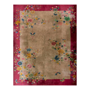 1920s Tan Ecru Floral Antique Chinese Art Deco Rug 8'8' 'X 11'6'' Knotted Wool Carpet