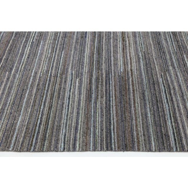 Modern Hand-Knotted Indian Wool Area Rug – Earth Tone Linear Stripe Design 12x15 For Sale - Image 9 of 11
