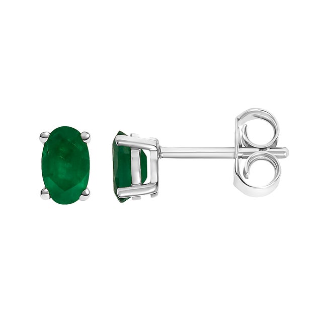 Contemporary 14K White Gold 5x3 MM Oval Green Emerald Solitaire Stud Earrings For Sale - Image 3 of 5