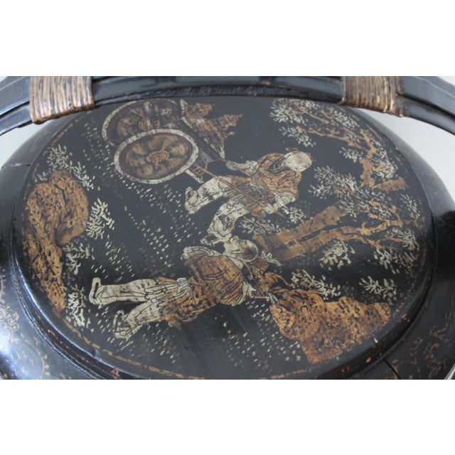 Wood Vintage Chinoiserie Early 20th Century Large Painted Black Gold Bamboo Wood Wedding Basket For Sale - Image 7 of 12