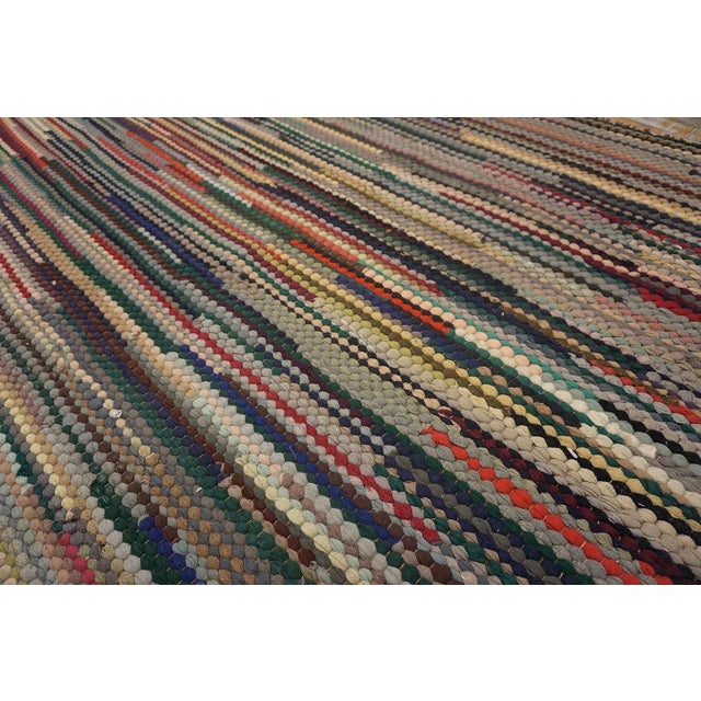 1930s 1930s Multicolor Stripe Folk Art Antique American Braided Rug 4'6" X 11'6" Wool Carpet For Sale - Image 5 of 13