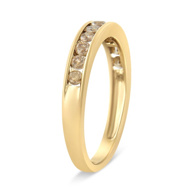 Contemporary 14K Yellow Gold Plated .925 Sterling Silver 1/2 Cttw Channel Set Round Champagne Diamond 11 Stone Band Ring (K-L Color, I1-I2 Clarity) - Size 7 For Sale - Image 3 of 6
