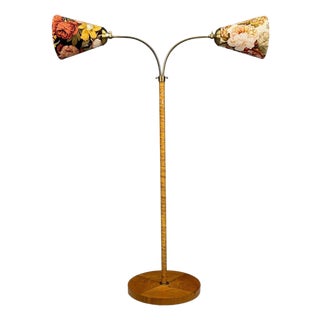 Corona Belysning, Floor Lamp, Wood, Brass, Fabric, Sweden, 1940s For Sale
