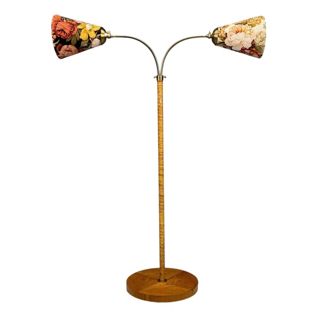 Corona Belysning, Floor Lamp, Wood, Brass, Fabric, Sweden, 1940s For Sale