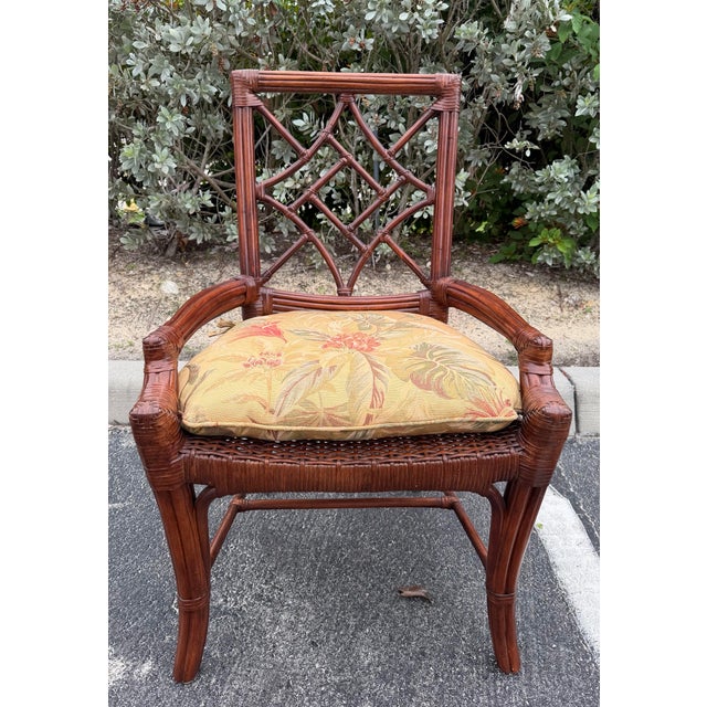 Chinoiserie Vintage Fretwork Rattan Dining Chairs With Tropical Cushions, Set of 6 For Sale - Image 3 of 10