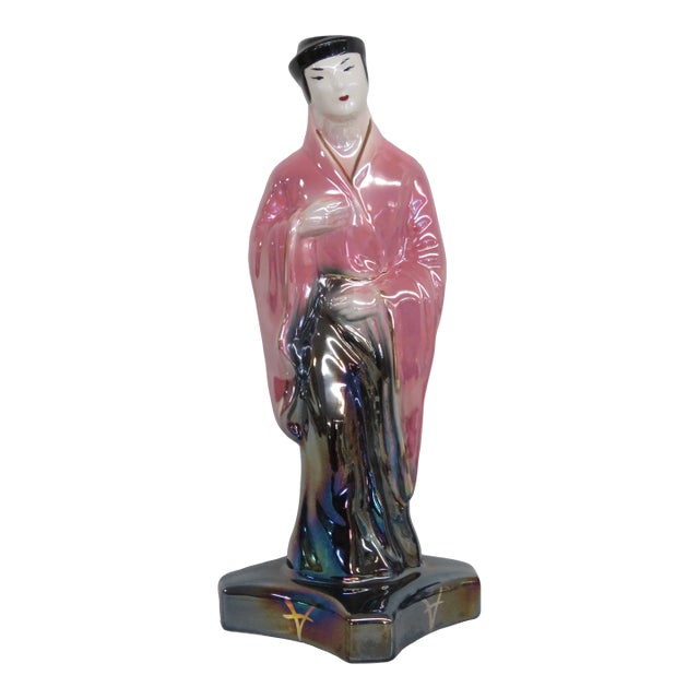 Japanese Lusterware Iridescent Pink and Black Man in Kimono Figurine For Sale