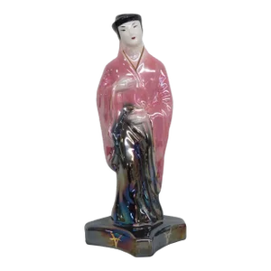 Japanese Lusterware Iridescent Pink and Black Man in Kimono Figurine