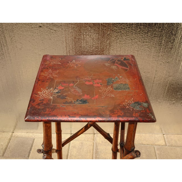 Red Vintage Chinese Asian Bamboo Side Table Plant Stand Red Chinoiserie Top For Sale - Image 8 of 15
