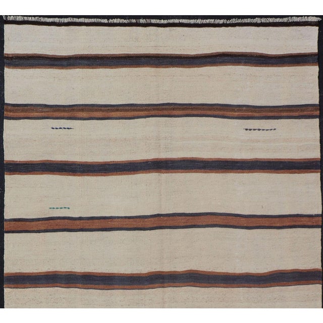 Ivory Turkish Vintage Kilim Rug Ivory Brown Striped Anatolian Flatweave Wool For Sale - Image 8 of 12
