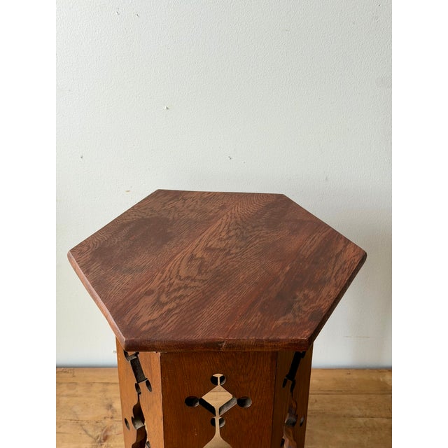 Farmhouse Arts & Crafts Oak Hexagonal Occasional Table For Sale - Image 3 of 9