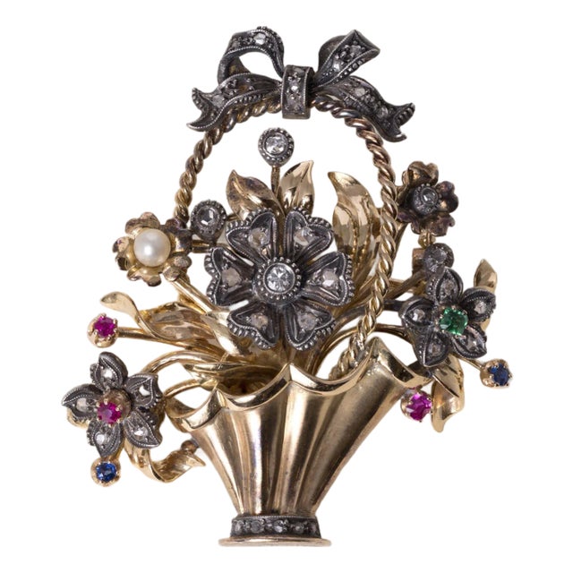 Late 19th Century Victorian 18k and Platinum Gemstone and Antique Diamond Floral Basket Brooch For Sale