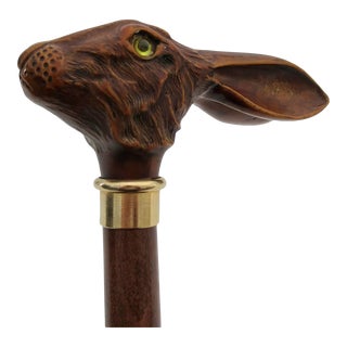 Vintage C.1950's Hand-Carved Wood Rabbit Handled Gentleman's Walking Stick/Cane For Sale