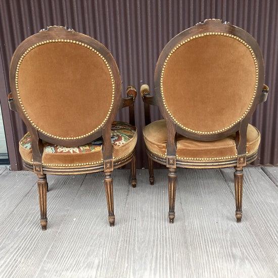 French Pair of 19th C Louis XVI Style Armchairs in Late 19th C Needlepoint W Complementary Velvet For Sale - Image 3 of 5