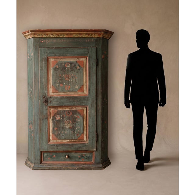Blue Antique Tyrolean Folk Art Painted Cabinet, 1801 For Sale - Image 8 of 17