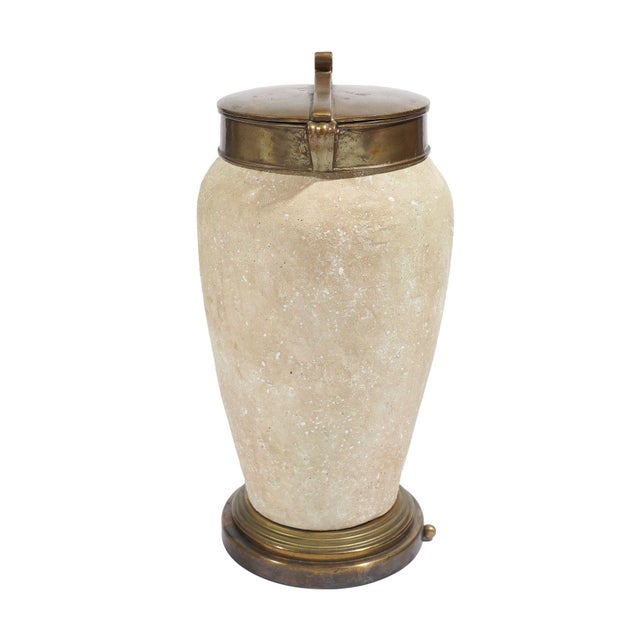 Metal Tall Ceramic Urn With Oxidized Brass Lid and Base, C. 1900's For Sale - Image 7 of 12