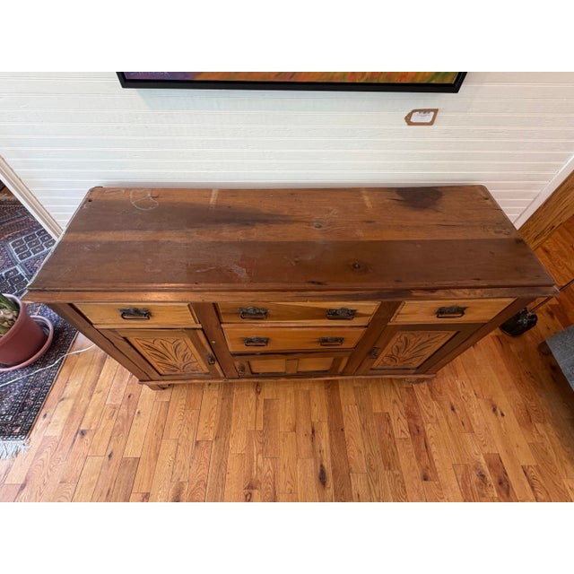 Antique 1890’s Art Nouveau Carved Oak Side Board Buffet For Sale - Image 4 of 11