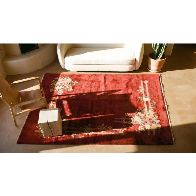 Beautiful Red Color With Deliciated Floral Design Antique Chinese Art Deco Rug For Sale - Image 12 of 12