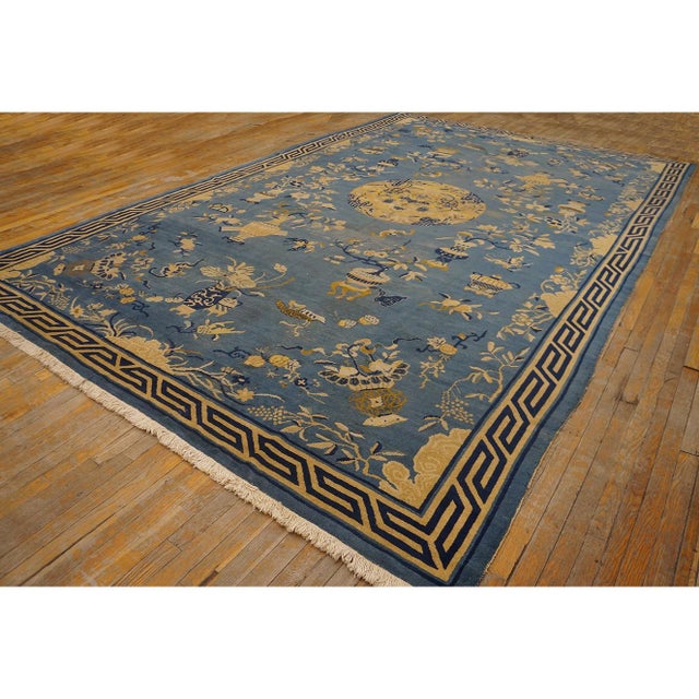 Chinese 1920s Blue Antique Greek Key Rectangle Hand Knotted Pile Wool 9' X1 4' 4" Rug For Sale - Image 3 of 7