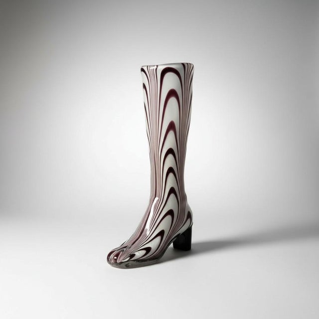 A very rare and special, vintage Murano glass boot-vase. Features gorgeous, translucent burgundy swirls with a solid, dark...