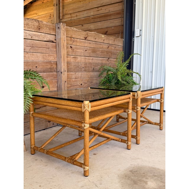 McGuire Pair of Vintage McGuire Organic Modern Rattan Side Tables With Cane Shelves and Glass Tops For Sale - Image 4 of 12