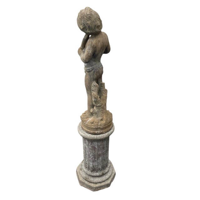 Vintage Cast Stone Centerpiece Fountain Featuring a Pan Flute Playing Putto on a Column For Sale - Image 4 of 12