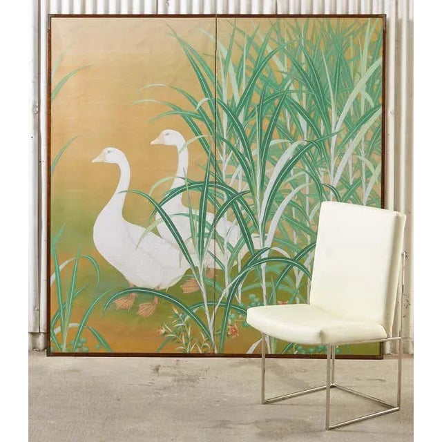 Fantastic Japanese late Meiji period two-panel byobu screen by Hashimoto Koshu. The large screen features two white geese...