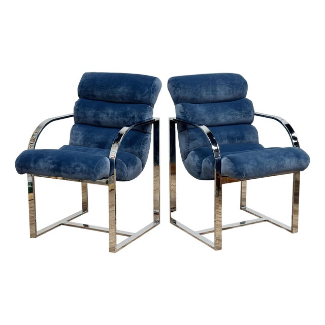 Vintage Newly Upholstered Blue Velvet Chrome Sling Chairs, a Pair For Sale