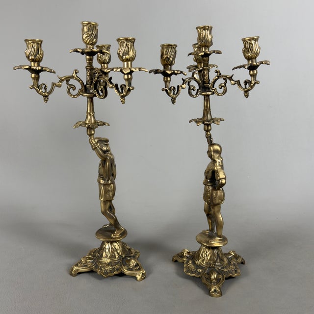 1960s Renaissance Revival Brass Candelabras with Noble Figures, 1960s, Set of 2 For Sale - Image 5 of 15