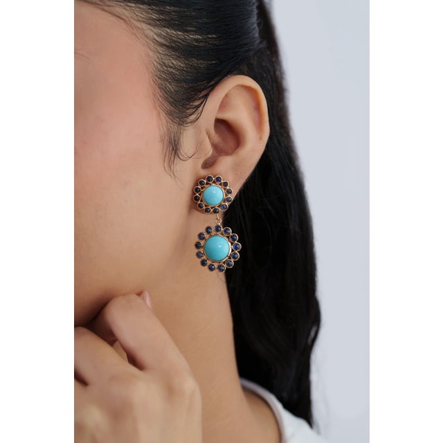 Art Deco VRJewels 20.43ct Turquoise Sapphire 14k Yellow Gold Floral Navajo Drop Earrings- A Pair For Sale - Image 3 of 18
