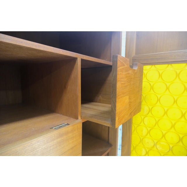 Solid Teak Multiple Fitted Drawers Amber Textured Glass Doors Cabinet Credenza For Sale - Image 12 of 16