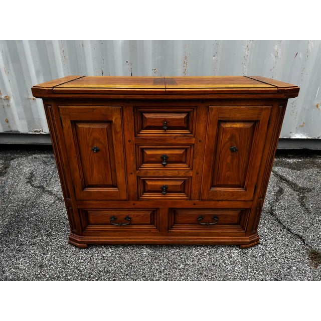 Rustic Late 20th Century Thomasville Furniture Rustic Walnut Flip Top Server/Bar For Sale - Image 3 of 9