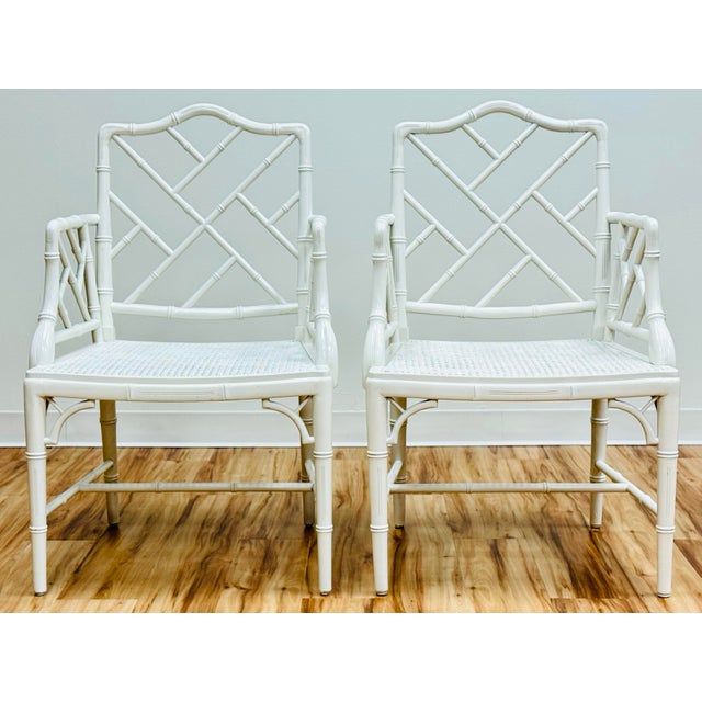Hollywood Regency Vintage White Faux Bamboo Chinese Chippendale Arm Chairs, a Pair For Sale - Image 3 of 10