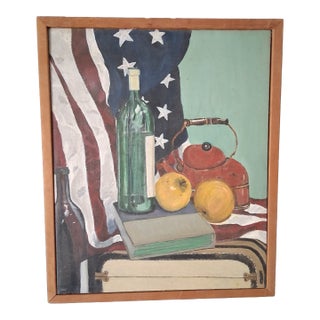 Mid-Century Patriotic Still Life Oil on Canvas Free Shipping! For Sale