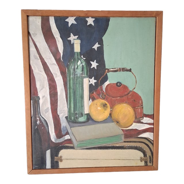 Mid-Century Patriotic Still Life Oil on Canvas Free Shipping! For Sale