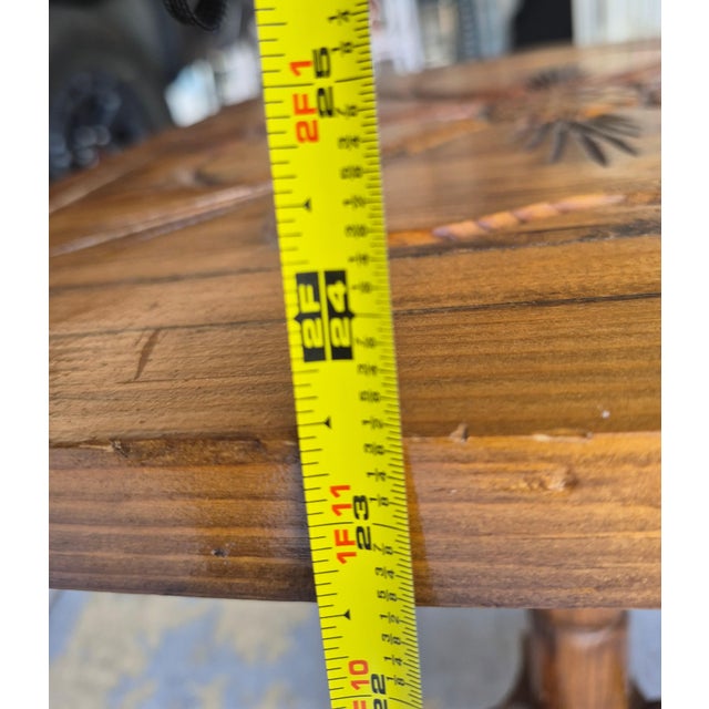 Wood Vintage Folk Art Hand-Carved Pine Pedestal Side Table With Thistle Design For Sale - Image 7 of 8