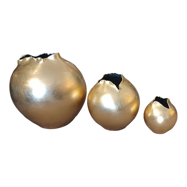 Late 20th Century Set of 3 Abstract Gold Vases For Sale