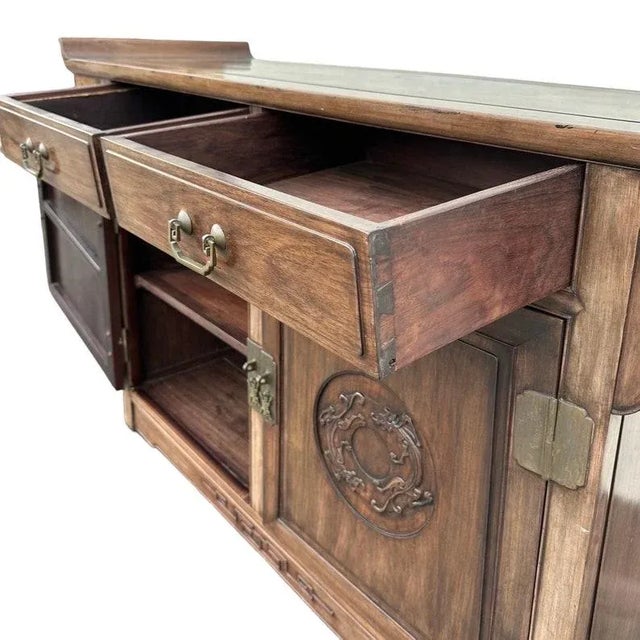 Chinoiserie Vintage Chinoiserie Buffet Server with Pagoda Table Top Made of Solid Wood with Asian Style Carvings For Sale - Image 3 of 10