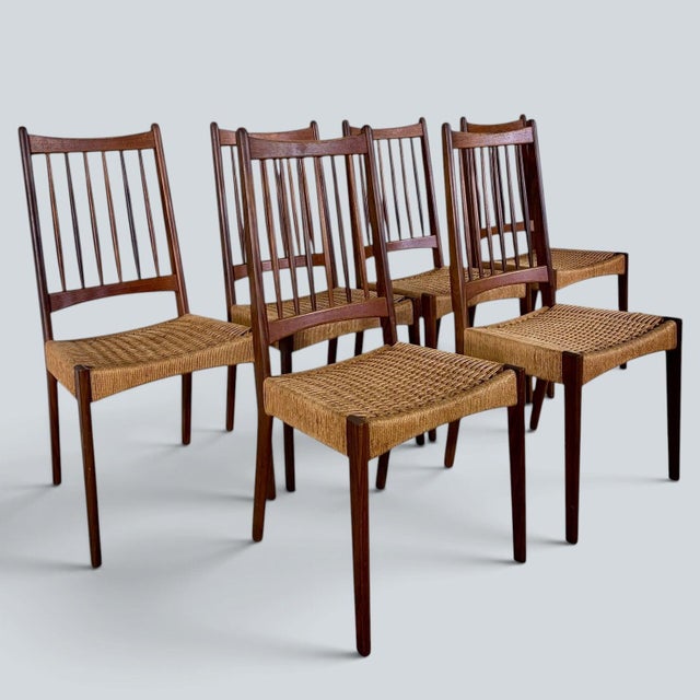 Arne hovmand-olsen mk200 dining chairs | set of 6 danish mid-century teak & paper cord chairs an exceptional set of six...
