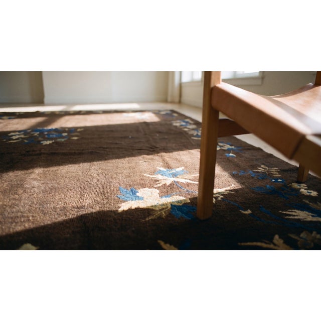 1890s Brown Floral Medallion Antique Chinese Peking Rug 8'2" X 9'5" Hand Knotted Wool Carpet For Sale In New York - Image 6 of 7