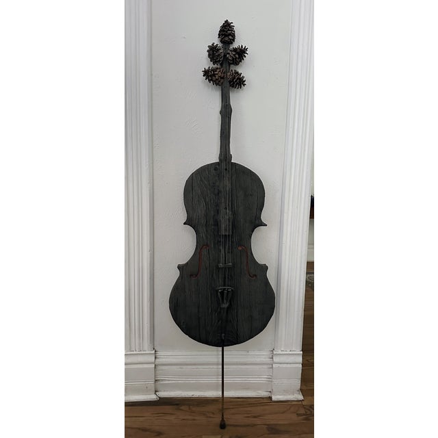 Large 67" Hand-Carved Wooden Cello Sculpture With Pinecone Tuning Pegs – Folk Art For Sale - Image 14 of 16