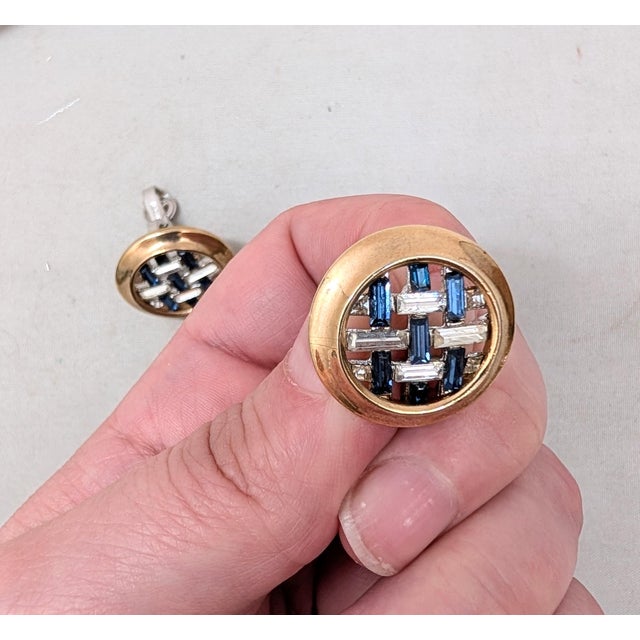 Blue Vintage 1950s Signed Crown Trifari Round Faux-Sapphire & Clear Baguettes Clip Earrings-2 Pieces For Sale - Image 8 of 9