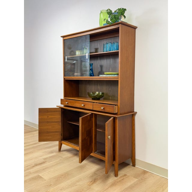 Vintage Hutch by Paine Furniture MCM China Cabinet, Parquet Doors, Glass Sliding For Sale - Image 11 of 18