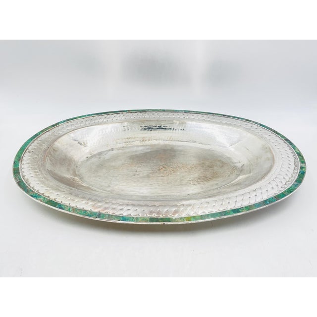An exceptional and monumental Emilia Castillo silver-plated serving bowl with genuine malachite inlay, handcrafted in...