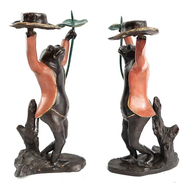 Candlestick Pair - Large Antique Hand Painted Bronze Frogs For Sale - Image 13 of 18