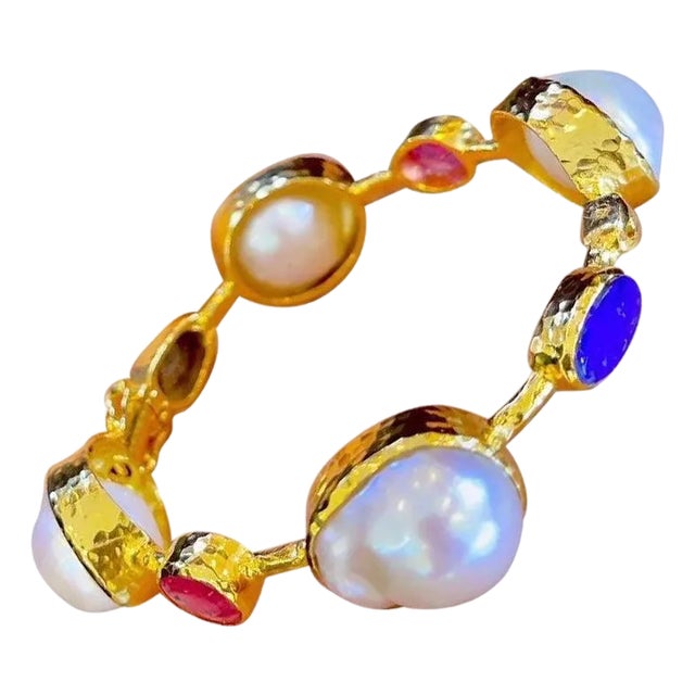 Bochic “Capri” Vintage Ruby, Blue Opal & South Sea Pearl Bangle in 18K Gold & Silver For Sale
