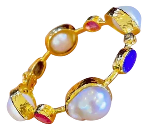 Bochic “Capri” Vintage Ruby, Blue Opal & South Sea Pearl Bangle in 18K Gold & Silver