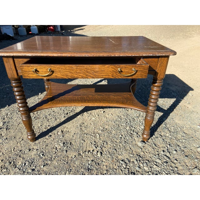 1940s Antique Oak Arts and Crafts Mission Library Table Wirh Twisted Legs Needs Restoration For Sale - Image 5 of 18