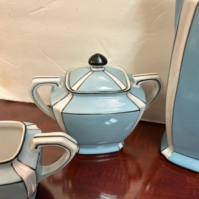 Noritake Noritake Art Deco Style Robin's Egg Blue, White and Black Stripe Demitasse Service for 4 Signed For Sale - Image 4 of 11