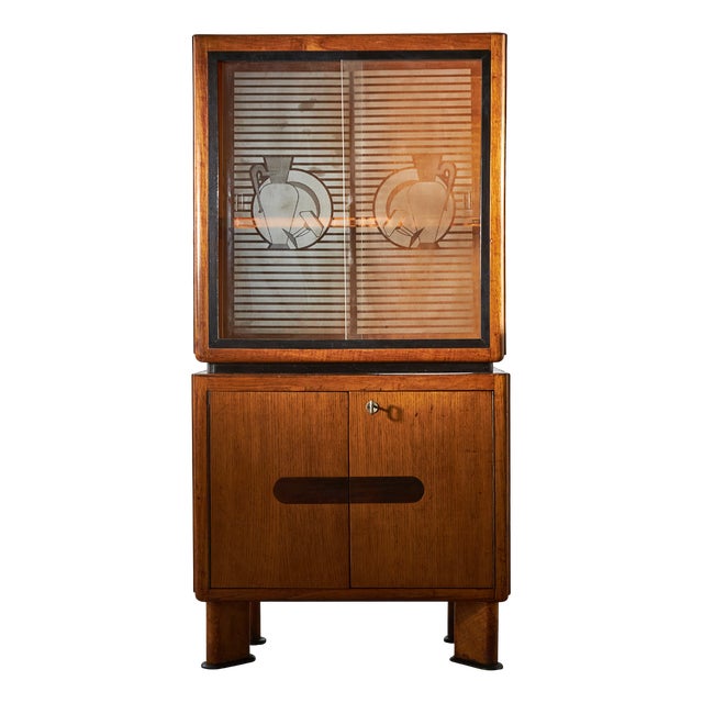 Vintage Oak Display Cabinet with Sliding Glass Panels, 1950s For Sale